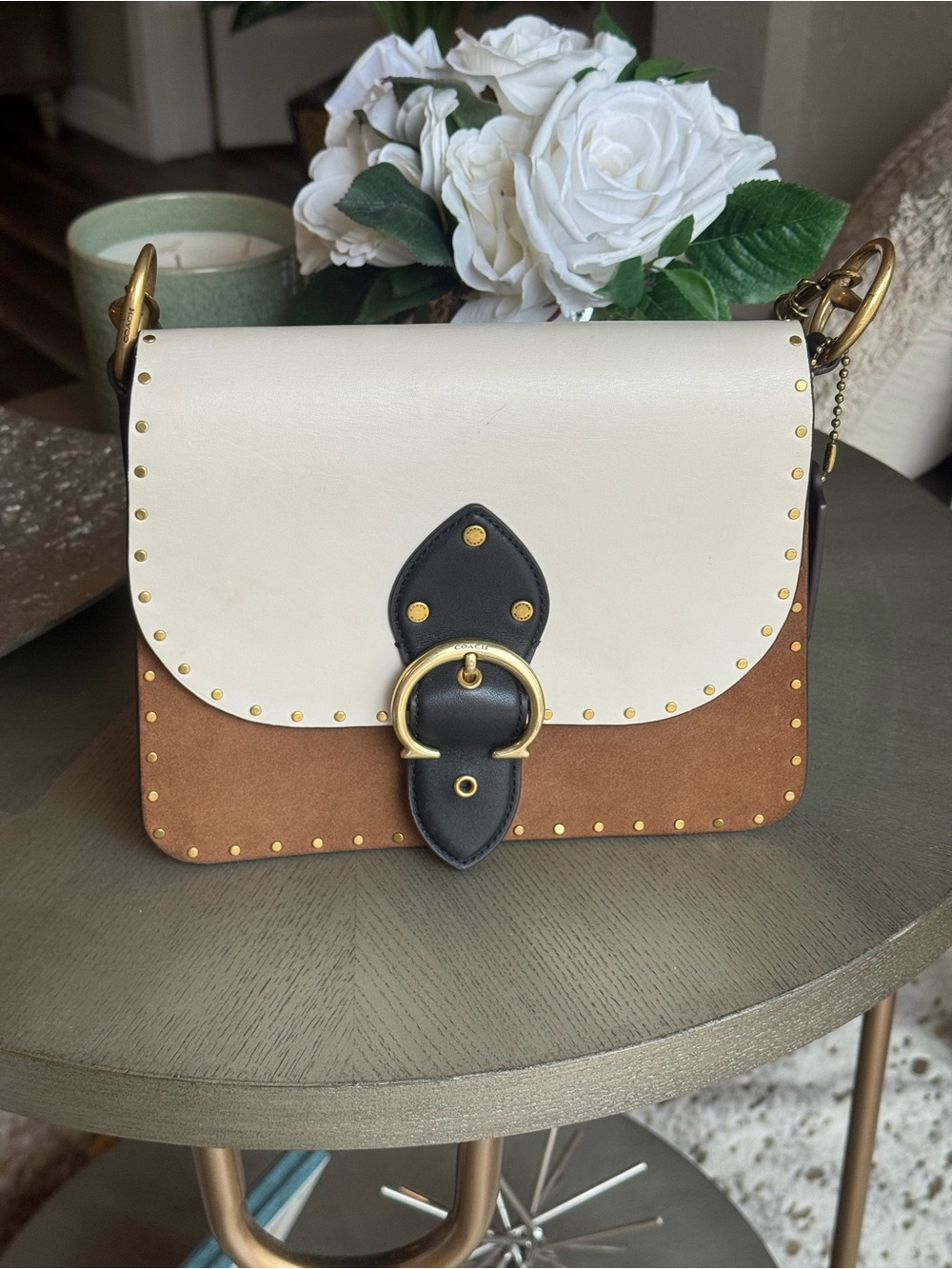 Coach Beat Shoulder Bag color block leather and suede with rivet details